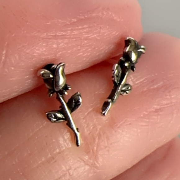 Sterling Silver Tiny Rose Stud Earrings - Picture 6 of 11
